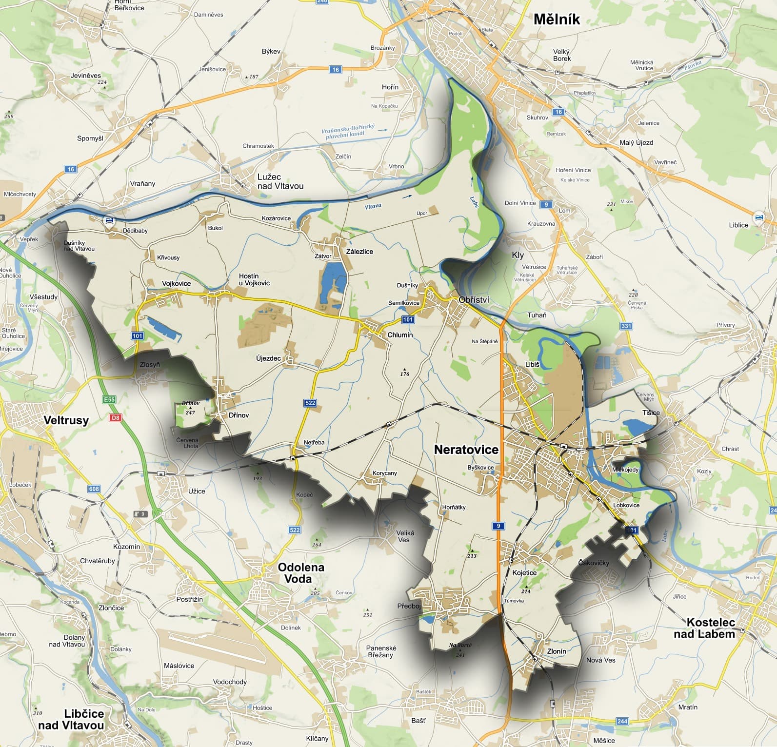 Mapa farnosti Neratovice s vyznačením všech 13 obcí